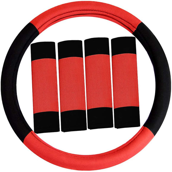 FH Group FH2033RED Steering Wheel Cover (Modernistic and Seat Belt Pads Combo Set Red)